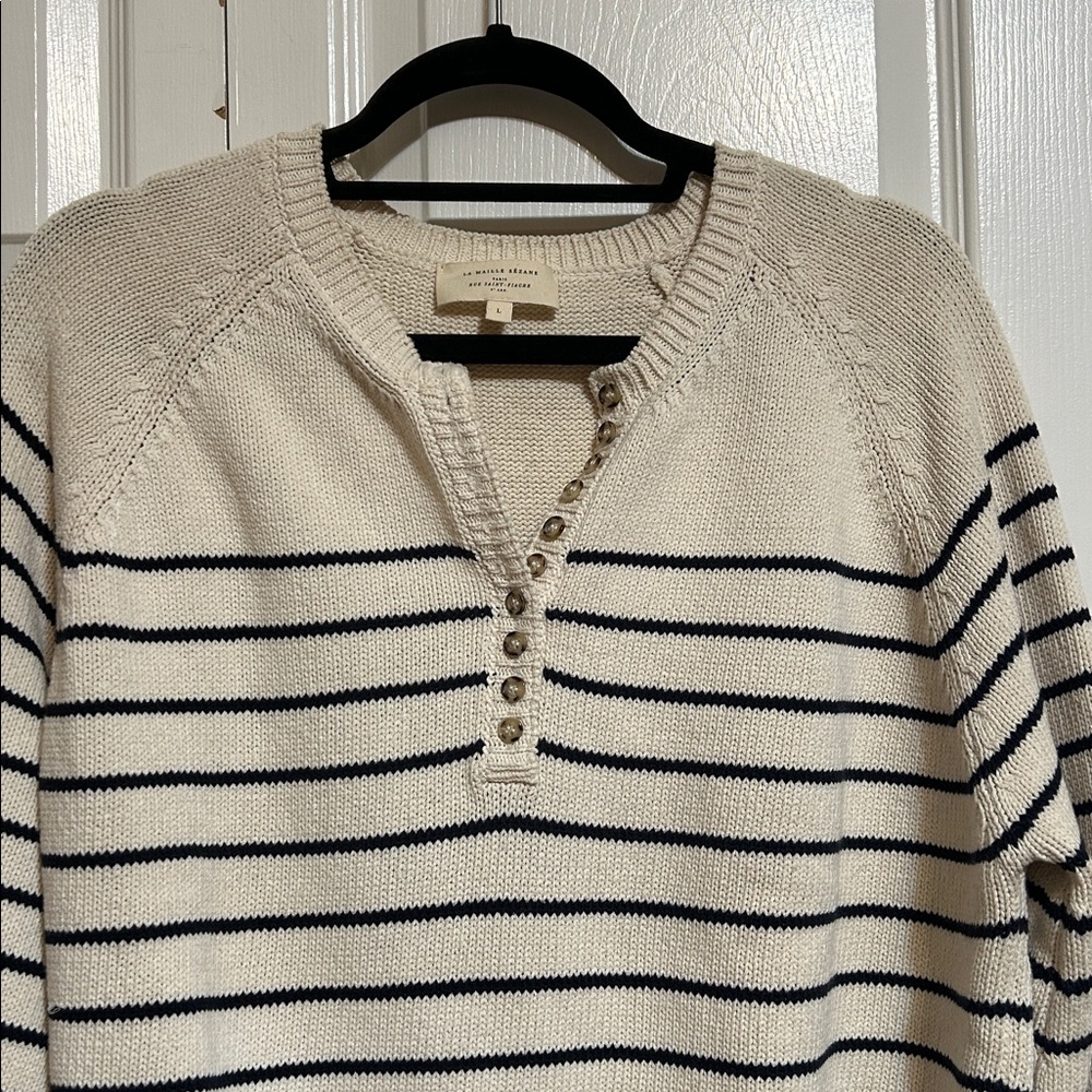 Sezane Striped Henley Pullover Sweater in Cream and Navy - Picture 3 of 6